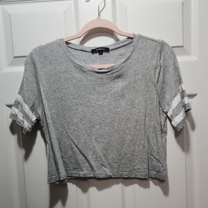 Ambiance Gray Crop Top with Striped Sleeves